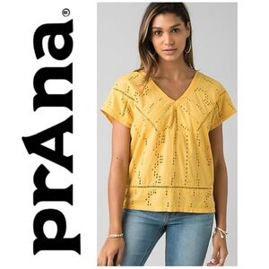 PRANA Keelie Top V-Neck Short Sleeve Lace Insets Gold Yellow Mustard Women's M